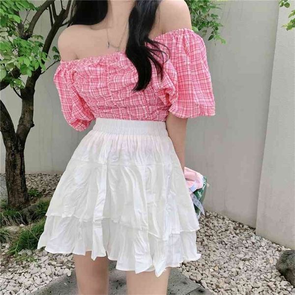 summer two piece set women korean pink plaid slash neck shirt + white cake mini skirt casual elegant sweet suit 210519
summer two piece set women korean pink plaid slash neck shirt + white cake mini skirt casual elegant sweet suit 210519