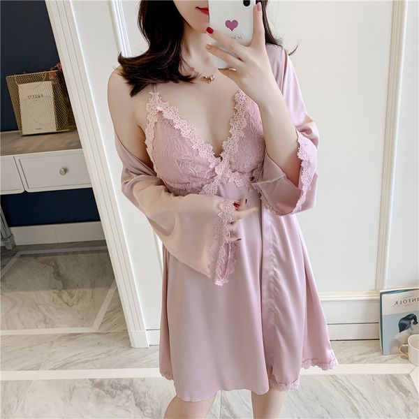 pyjamas woman camisole night skirt ice silk robe two paper suit long sleeve lace nightwear 6o75, Black;white
pyjamas woman camisole night skirt ice silk robe two paper suit long sleeve lace nightwear 6o75, Black;white