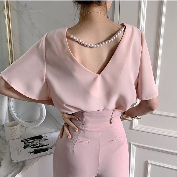 women's blouses & shirts summer backless butterfly sleeve womens chic exquisite pearl patchwork design elegant solid loose blouse, White
women's blouses & shirts summer backless butterfly sleeve womens chic exquisite pearl patchwork design elegant solid loose blouse, White
