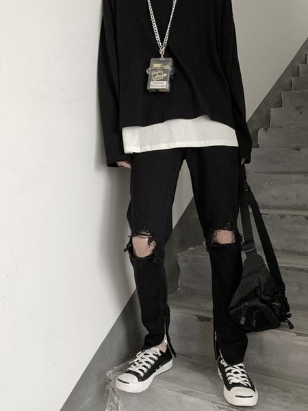 fashion korean brand high street summer black loose straight big hole jeans men's casual versatile ruffian pants, Blue
fashion korean brand high street summer black loose straight big hole jeans men's casual versatile ruffian pants, Blue