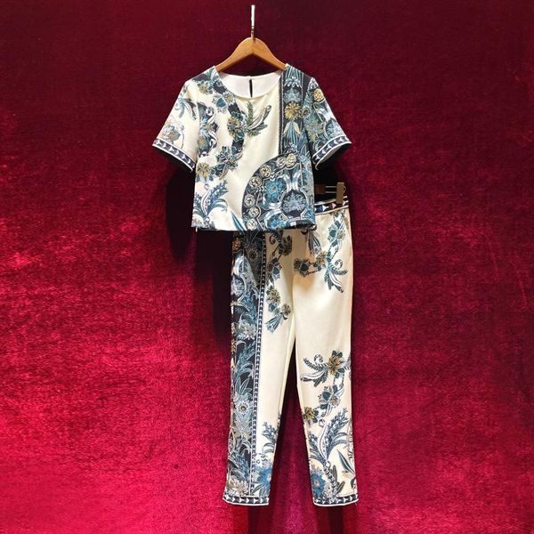 women's two piece pants european and american summer 2021 short-sleeved beaded printed t-shirt nine minutes of fashion two-piece suit, White
women's two piece pants european and american summer 2021 short-sleeved beaded printed t-shirt nine minutes of fashion two-piece suit, White