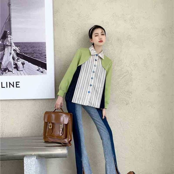 women's two piece pants green patchwork striped shirt for women long sleeve button up collared designer korean fashion 20 4hne, White
women's two piece pants green patchwork striped shirt for women long sleeve button up collared designer korean fashion 20 4hne, White