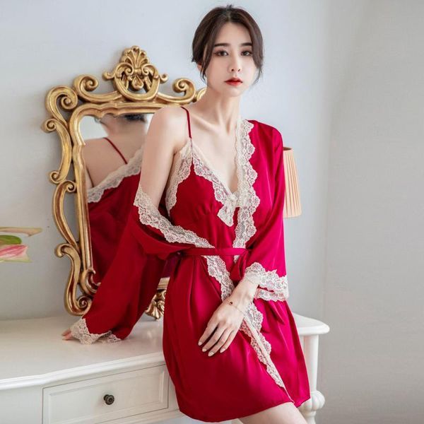 women's sleepwear kimono bathrobe gown 2pcs women robe set satin lace patchwork lingerie backless nightwear 2021 homewear, Black;red
women's sleepwear kimono bathrobe gown 2pcs women robe set satin lace patchwork lingerie backless nightwear 2021 homewear, Black;red