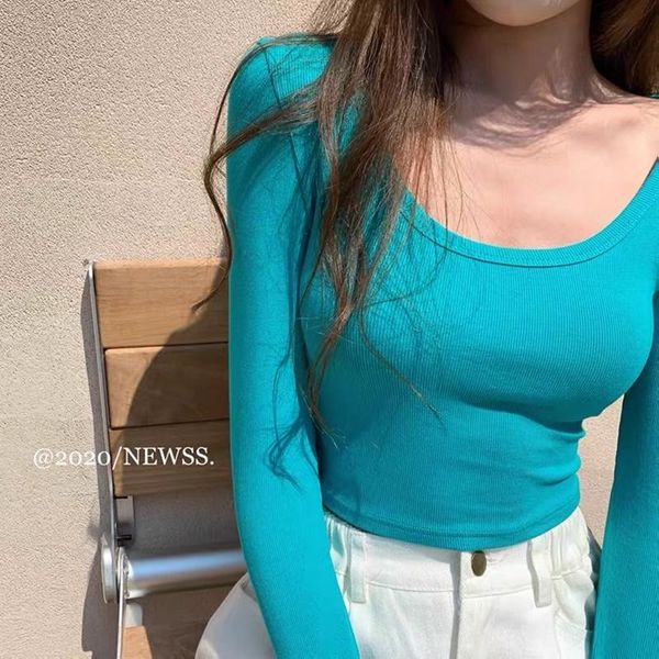women's t-shirt spring short and autumn long sleeve round neck knit slim stretch high waist street urban blue, White
women's t-shirt spring short and autumn long sleeve round neck knit slim stretch high waist street urban blue, White