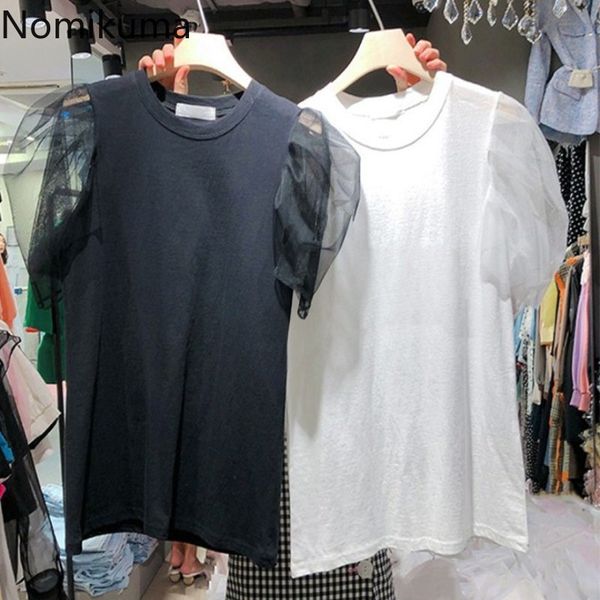 nomikuma spring summer new graphic t shirts mesh puff short sleeve women tees korean causal o-neck chic shirt 6f722 210427, White 
nomikuma spring summer new graphic t shirts mesh puff short sleeve women tees korean causal o-neck chic shirt 6f722 210427, White