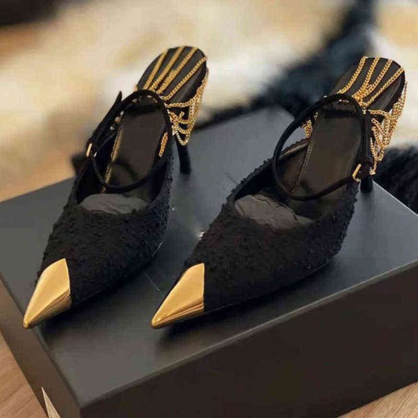 2022 early spring high heels fashion thin heel pointed metal chain baotou women's sandals, Black
2022 early spring high heels fashion thin heel pointed metal chain baotou women's sandals, Black
