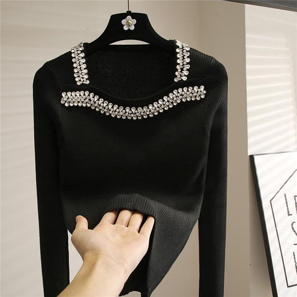 women's sweaters solid color stretch women bottoming 2021 autumn winter rhinestone beads square collar slim knitted sweater jumpers, White;black
women's sweaters solid color stretch women bottoming 2021 autumn winter rhinestone beads square collar slim knitted sweater jumpers, White;black