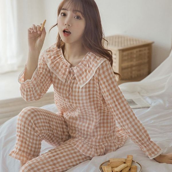 women's sleepwear sweet doll collar student's set long sleeve plaid cotton pajamas women loose lounge wear pijama pyjama femme 06w, Black;red
women's sleepwear sweet doll collar student's set long sleeve plaid cotton pajamas women loose lounge wear pijama pyjama femme 06w, Black;red