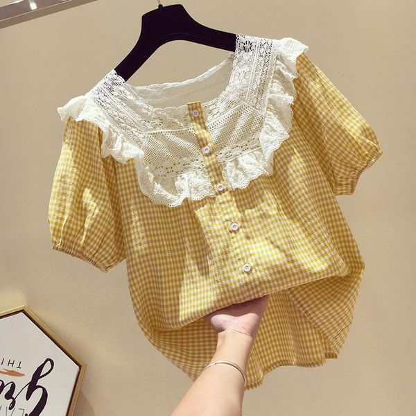 women's blouses & shirts 2021 summer women fashion plaid printing blouse office ladies square collar lace patchwork shirt chic retro bl, White
women's blouses & shirts 2021 summer women fashion plaid printing blouse office ladies square collar lace patchwork shirt chic retro bl, White