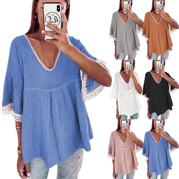 women's t-shirt solid v neck half sleeve shirt women summer casual loose lace t plus size patchwork elegant pullover clothes, White
women's t-shirt solid v neck half sleeve shirt women summer casual loose lace t plus size patchwork elegant pullover clothes, White