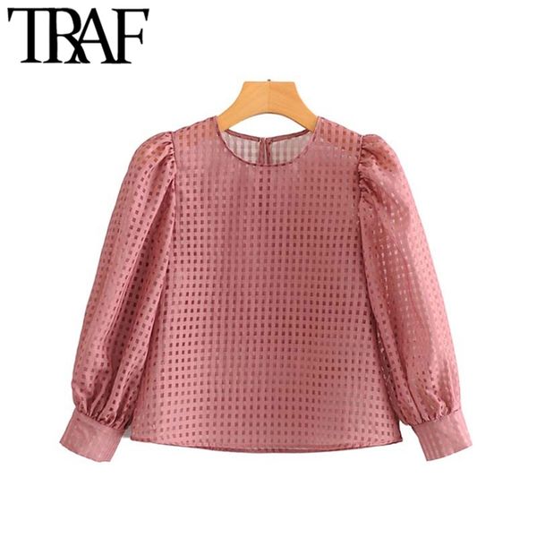 women vintage sweet transparent plaid cropped blouses fashion o neck three quarter sleeve female shirts blusas chic 210507, White
women vintage sweet transparent plaid cropped blouses fashion o neck three quarter sleeve female shirts blusas chic 210507, White