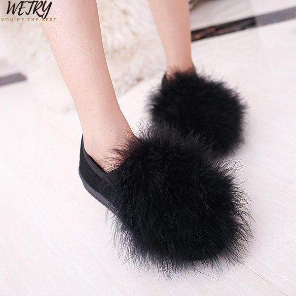 slippers 2021 fur flat shoes women home fluffy sliders comfort with feathers furry summer flats sweet ladies, Black