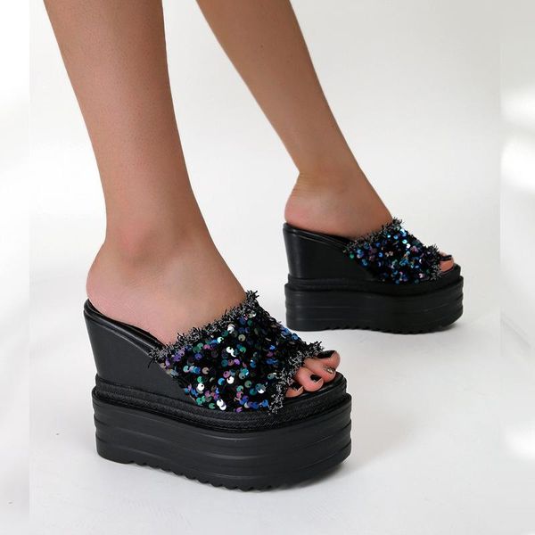 slippers preto branco summer super high slope heel women's shoe wedge sequin casual exterior comfort open toe slipper cwf, Black
slippers preto branco summer super high slope heel women's shoe wedge sequin casual exterior comfort open toe slipper cwf, Black