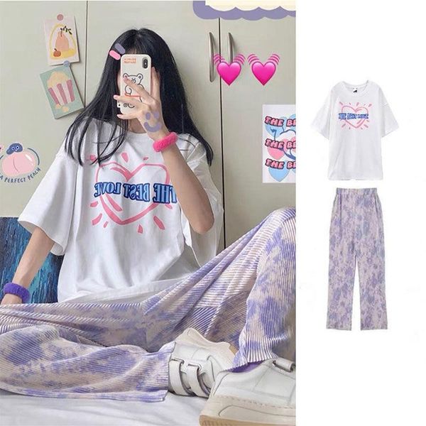 women's t-shirt girlfriends loose fitting short sleeve + tie dyed wide leg pants ice silk salt suit, White
women's t-shirt girlfriends loose fitting short sleeve + tie dyed wide leg pants ice silk salt suit, White