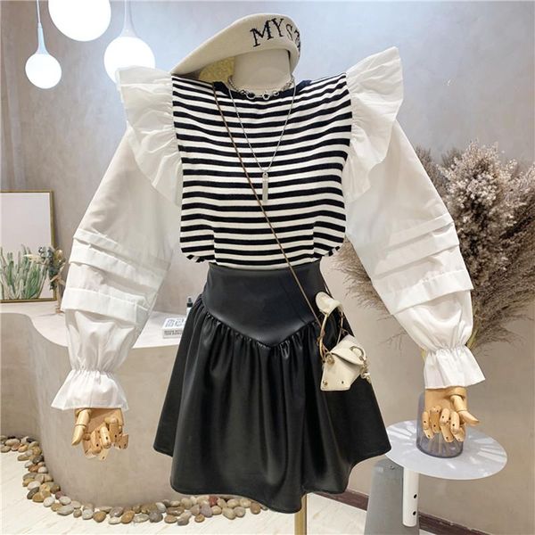 women's blouses & shirts niche design clothing 2021 autumn splicing stripe long sleeve knit t-shirt ruffled lantern top, White
women's blouses & shirts niche design clothing 2021 autumn splicing stripe long sleeve knit t-shirt ruffled lantern top, White