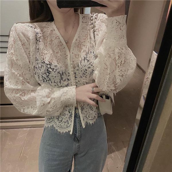 women's blouses & shirts 2021 brand women lace shirt v-neck puff long sleeve transparent blouse pearls button chic summer chemise blus, White
women's blouses & shirts 2021 brand women lace shirt v-neck puff long sleeve transparent blouse pearls button chic summer chemise blus, White