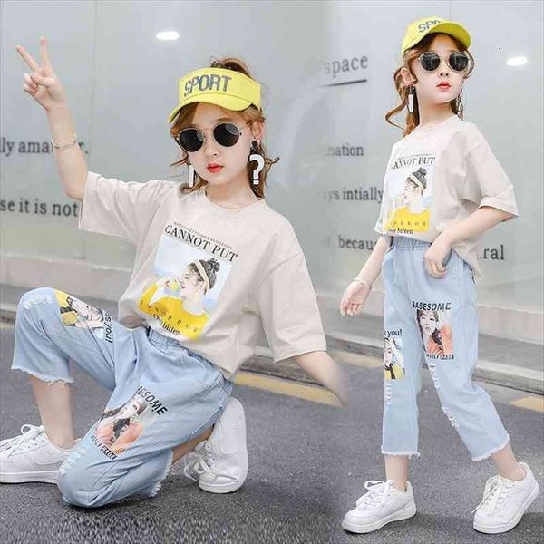 children clothing summer girls cartoon print short sleeve fashion korean ripped jeans suit boutique cute 12 year kids sportswear, White
children clothing summer girls cartoon print short sleeve fashion korean ripped jeans suit boutique cute 12 year kids sportswear, White
