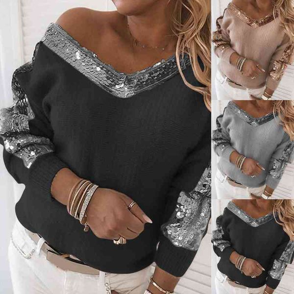 autumn winter women womens sweaters v neck long sleeve sequins one shoulder clothing pull femme, White;black
autumn winter women womens sweaters v neck long sleeve sequins one shoulder clothing pull femme, White;black