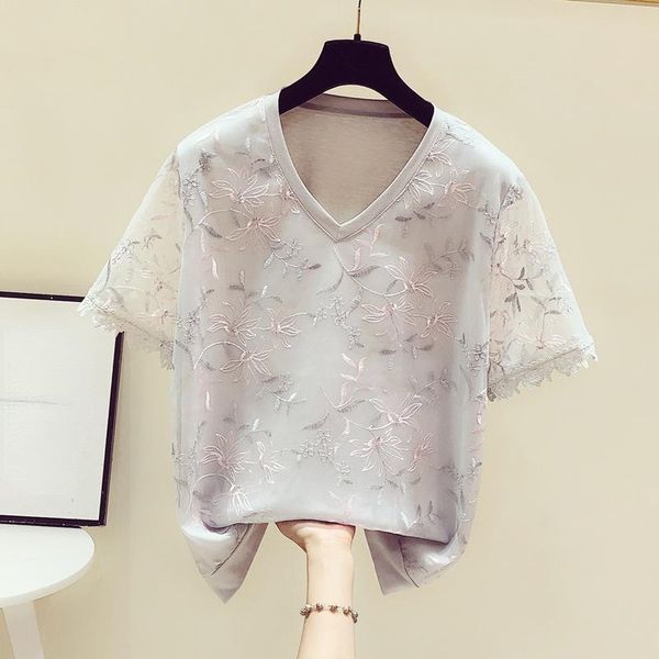 women's blouses & shirts lace embroidery women blouse summer design 2021 v-neck short-sleeved elegant office lady pulls outwear, White 
women's blouses & shirts lace embroidery women blouse summer design 2021 v-neck short-sleeved elegant office lady pulls outwear, White
