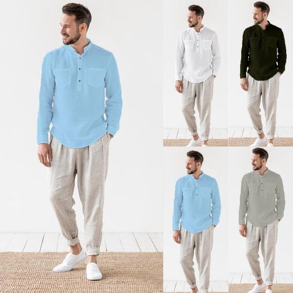 men's casual shirts 2021 summer european american style imitation linen stand-up collar shirt slim pocket long-sleeved top, White;black
men's casual shirts 2021 summer european american style imitation linen stand-up collar shirt slim pocket long-sleeved top, White;black