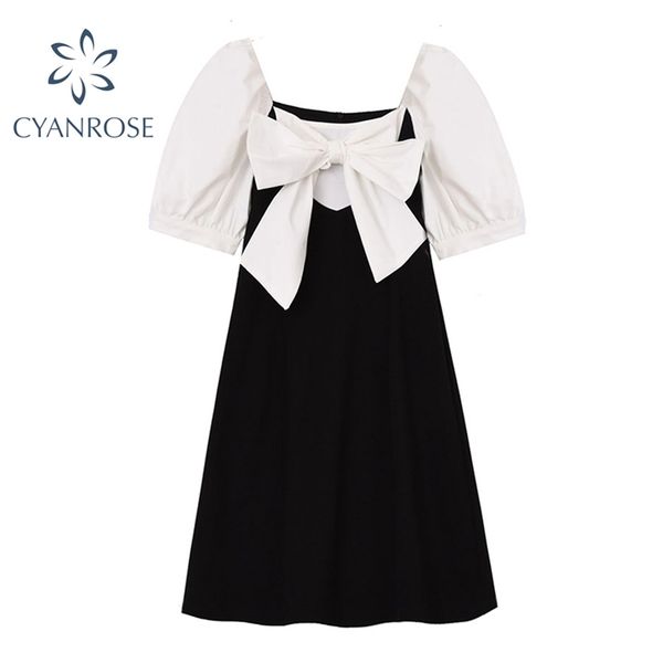 summer french vintage bow dress women elegant temperament square collar mini vestidos lady korean chic clothing 210430, Black;gray
summer french vintage bow dress women elegant temperament square collar mini vestidos lady korean chic clothing 210430, Black;gray