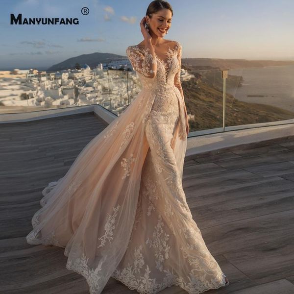 other wedding dresses high-end o-neck embroidery appliques tulle mermaid dress elegant full sleeve detachable train button back bridal gown, White
other wedding dresses high-end o-neck embroidery appliques tulle mermaid dress elegant full sleeve detachable train button back bridal gown, White