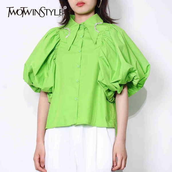 green casual patchwork diamond shirts for women lapel puff short sleeve slim blouses female summer fashion 210524, White
green casual patchwork diamond shirts for women lapel puff short sleeve slim blouses female summer fashion 210524, White