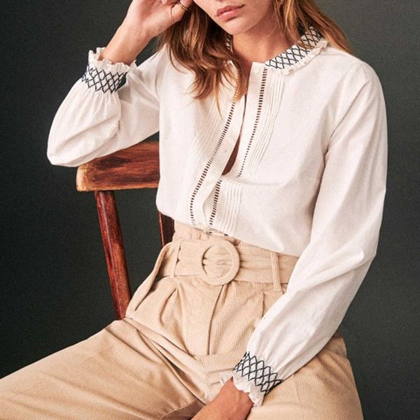 women's blouses & shirts blouses shirred embroidery women summer autumn cotton long sleeve ruffle chic elegant office lady casual blous, White
women's blouses & shirts blouses shirred embroidery women summer autumn cotton long sleeve ruffle chic elegant office lady casual blous, White