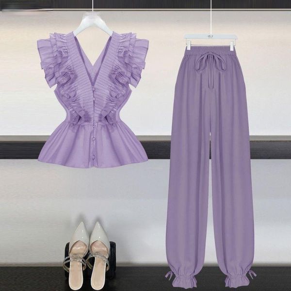 women's two piece pants two-piece set v neck elastic waist ruffle blouse + high long blue purple 2 suit sweet women sets y808, White
women's two piece pants two-piece set v neck elastic waist ruffle blouse + high long blue purple 2 suit sweet women sets y808, White