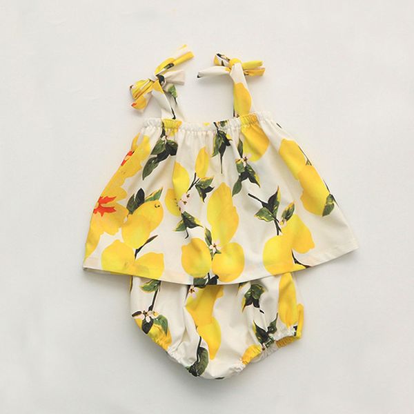 children suit 2021 summer wear lemon printing sling + pp pants two piece set, White 
children suit 2021 summer wear lemon printing sling + pp pants two piece set, White