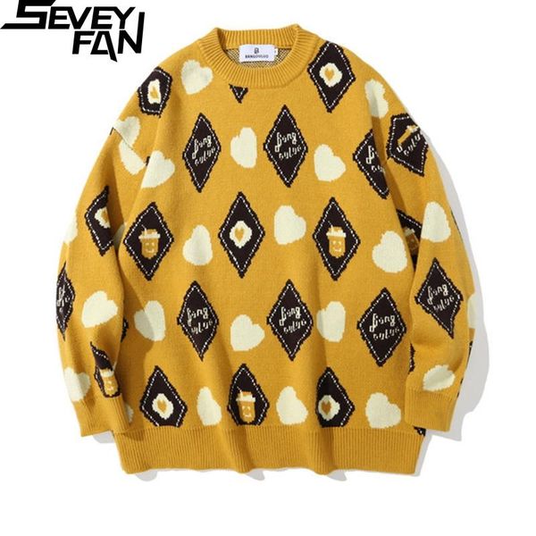 men's sweaters seveyfan fashion diamond jacquard bf loose cotton o neck kintwear hip hop pullover sweater for couples, White;black
men's sweaters seveyfan fashion diamond jacquard bf loose cotton o neck kintwear hip hop pullover sweater for couples, White;black