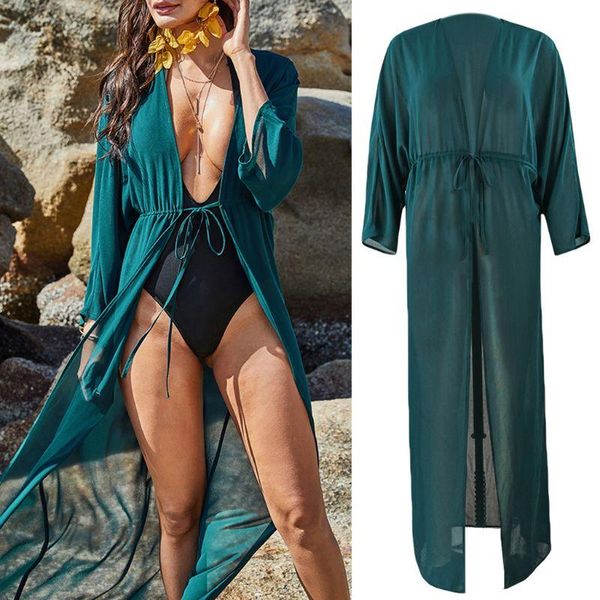 women chiffon maxi long swimsuit cover up translucent beach open front cardigan women's swimwear, White;black
women chiffon maxi long swimsuit cover up translucent beach open front cardigan women's swimwear, White;black