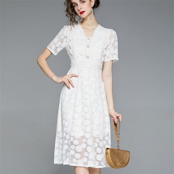 french sweet lace dress women chic elegant solid button v neck short sleeve summer office ol midi es 210519, Black;gray
french sweet lace dress women chic elegant solid button v neck short sleeve summer office ol midi es 210519, Black;gray