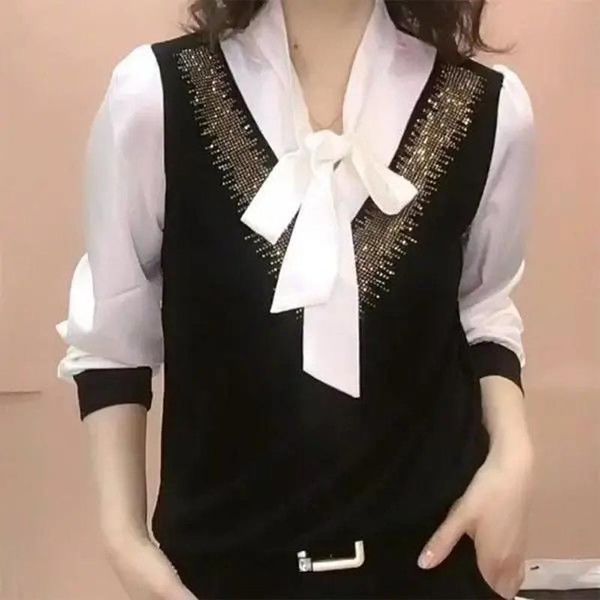 women's blouses & shirts 2021 spring and autumn fashion bowknot rhinestone thinning stitching loose casual shirt large size women, White
women's blouses & shirts 2021 spring and autumn fashion bowknot rhinestone thinning stitching loose casual shirt large size women, White