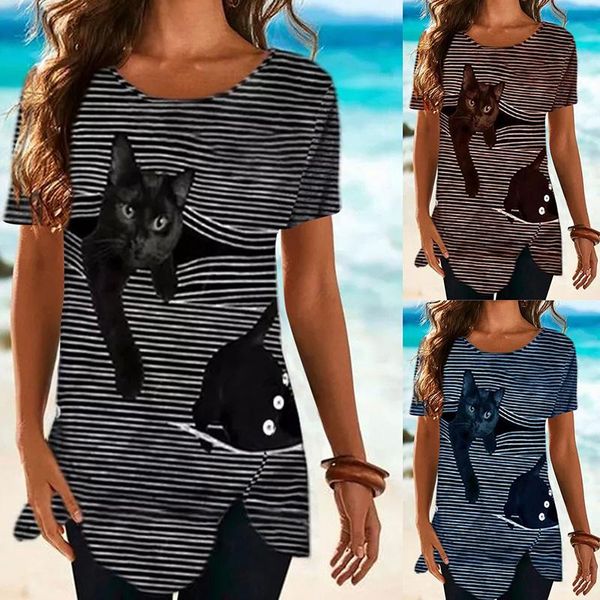 women's t-shirt summer women fashion elegant office lady cat print short sleeve button, White
women's t-shirt summer women fashion elegant office lady cat print short sleeve button, White