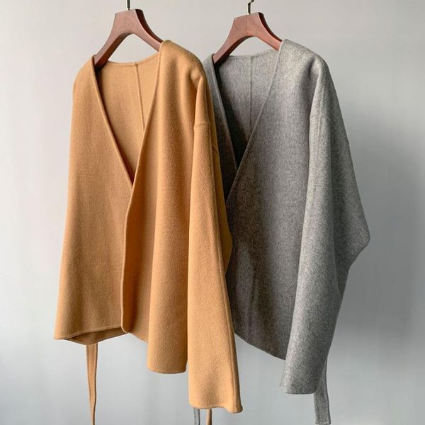 women's wool & blends women v-neck double-sided woolen short coat waist lace-up ladies winter cashmere blended cardigan outwear loose, Black
women's wool & blends women v-neck double-sided woolen short coat waist lace-up ladies winter cashmere blended cardigan outwear loose, Black