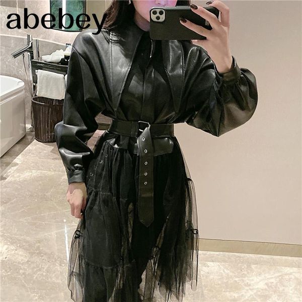 women's trench coats 2021 spring jackets women fashion solid color long mesh gauze stitching pu leather coat with belt female pb279, Tan;black
women's trench coats 2021 spring jackets women fashion solid color long mesh gauze stitching pu leather coat with belt female pb279, Tan;black