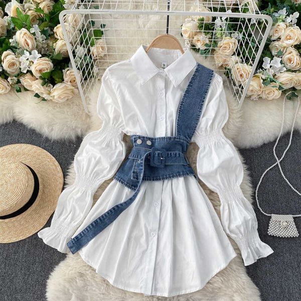 women blouse sets puff sleeve causal long blusas shirt + belt slim waist demin vest spring korean outfit 210601, White
women blouse sets puff sleeve causal long blusas shirt + belt slim waist demin vest spring korean outfit 210601, White
