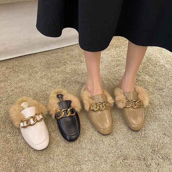 slippers autumn and winter warm fur 2021 fashion baotou muller shoes casual half single women, Black