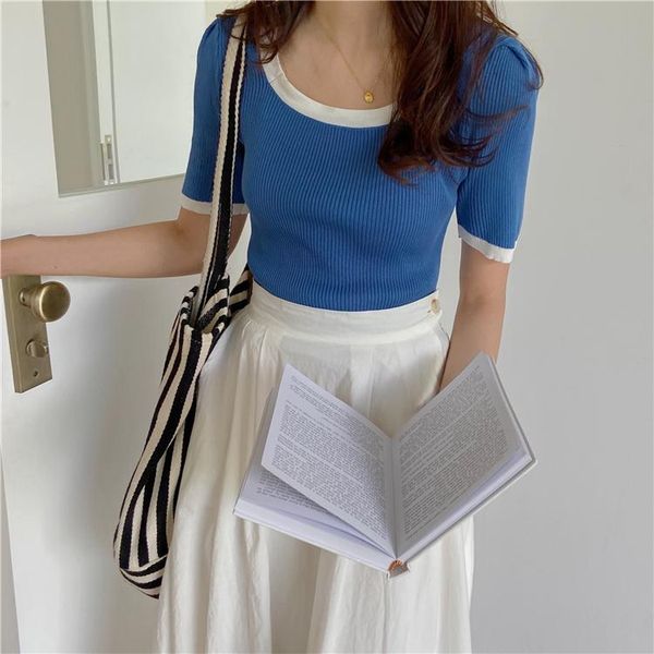 women's t-shirt 2021women knitting striped line contrast color o neck short sleeve sweater knitwear jumper fashion, White
women's t-shirt 2021women knitting striped line contrast color o neck short sleeve sweater knitwear jumper fashion, White