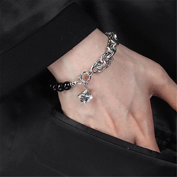 link, chain flashbuy punk black beads stitching metal crystal zircon bracelet silver color personality women men hiphop jewelry