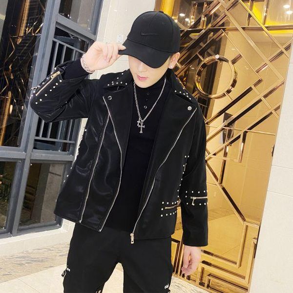 men's fur & faux tide brand slim leather jacket fashion personality rivet trend singer costumes, Black
men's fur & faux tide brand slim leather jacket fashion personality rivet trend singer costumes, Black