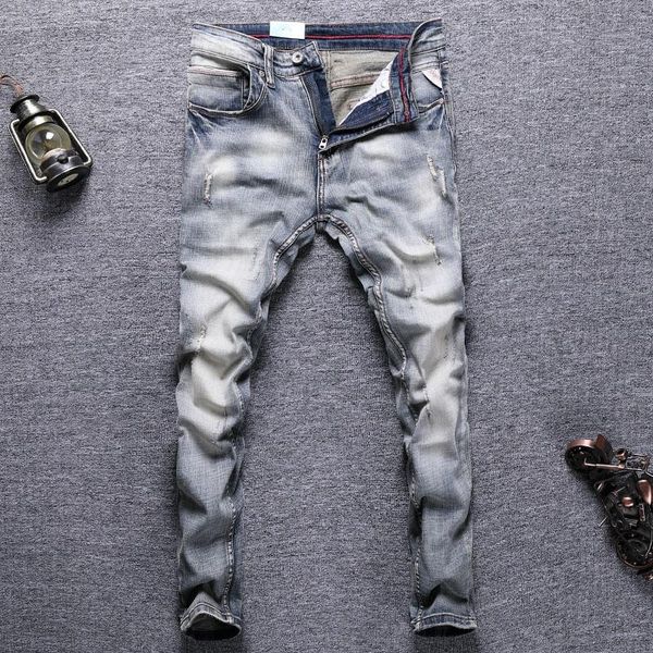 men's jeans italian style fashion men retro elastic slim fit ripped distressed vintage designer stretch casual denim pants, Blue
men's jeans italian style fashion men retro elastic slim fit ripped distressed vintage designer stretch casual denim pants, Blue