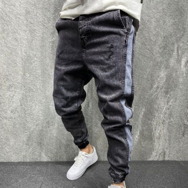 men's pants jeans color matching elastic tight feet washed frayed personality loose hip-hop denim trousers patchwork, Black
men's pants jeans color matching elastic tight feet washed frayed personality loose hip-hop denim trousers patchwork, Black