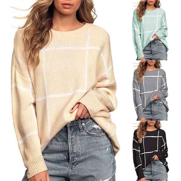 women spring autumn pullover crew neck loose sweaters womens casual plaid knitted sweater female student black sueter mujer 210604, White;black
women spring autumn pullover crew neck loose sweaters womens casual plaid knitted sweater female student black sueter mujer 210604, White;black
