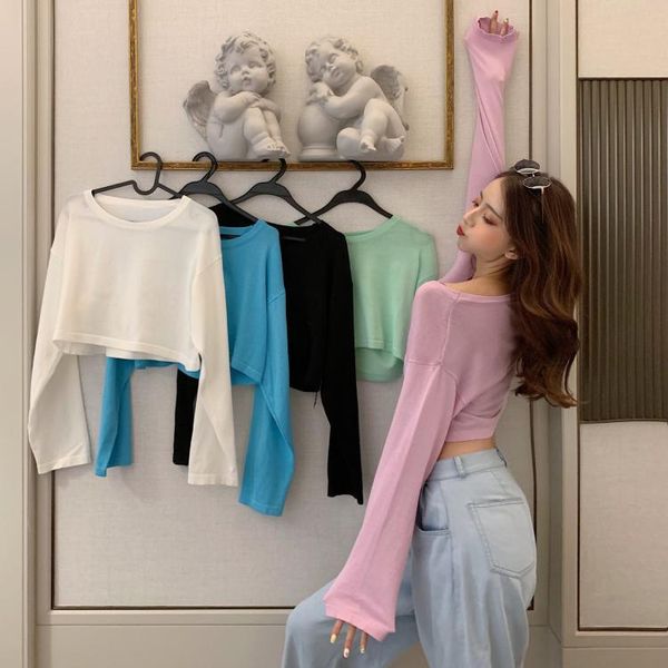 in 2021, the summer and autumn short sunscreen shirt with exposed navel loose thin long sleeve knitwear women's sweaters, White;black
in 2021, the summer and autumn short sunscreen shirt with exposed navel loose thin long sleeve knitwear women's sweaters, White;black