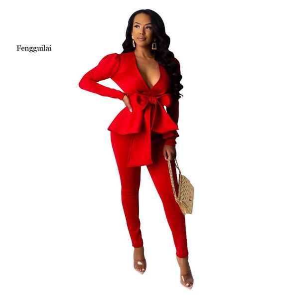 women's fashion pure color bow tie deep v-neck long sleeve set two piece pants, White
women's fashion pure color bow tie deep v-neck long sleeve set two piece pants, White