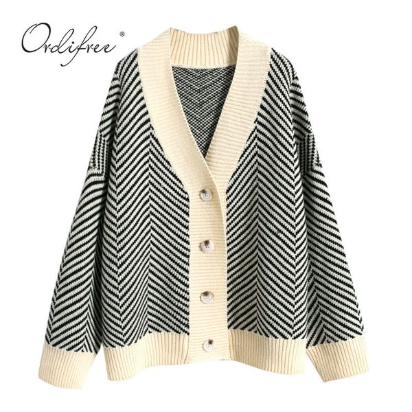 autumn winter women knitted loose casual outwear coat striped sweater cardigan 210415, White;black
autumn winter women knitted loose casual outwear coat striped sweater cardigan 210415, White;black