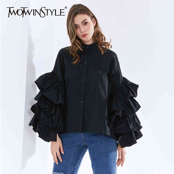 patchwork ruffle women's shirt stand collar lantern sleeve casual elegant blouse female fashion clothing autumn 210423, White 
patchwork ruffle women's shirt stand collar lantern sleeve casual elegant blouse female fashion clothing autumn 210423, White