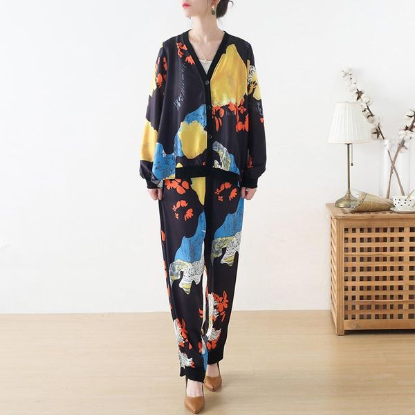 women's two piece pants johnature women polyester suit printed v-neck long sleeve and loose elastic waist, White
women's two piece pants johnature women polyester suit printed v-neck long sleeve and loose elastic waist, White
